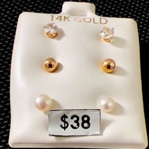 3 Sets of 14K Gold - Push Back Stud Earrings